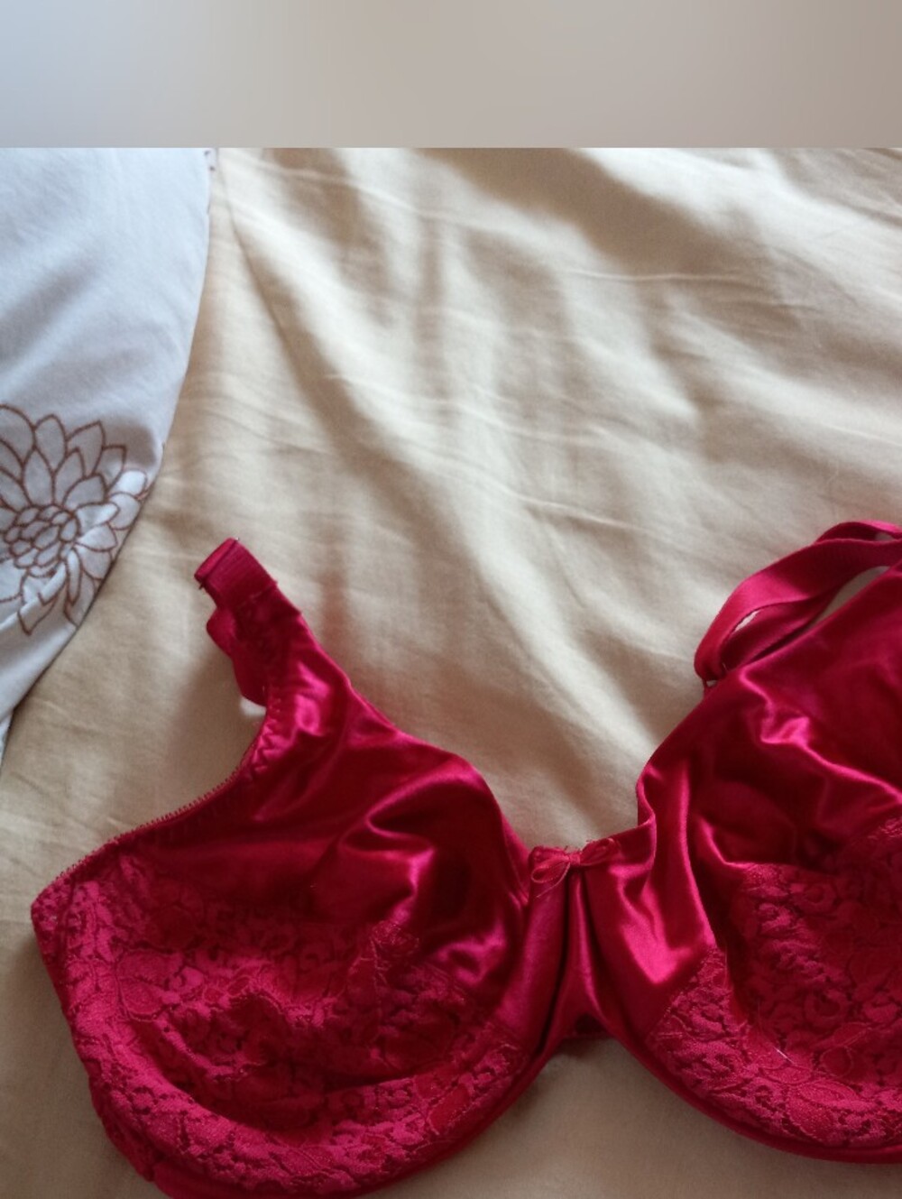 Vintage Women's 32DD Full-Coverage Satin & Lace Bra in Red